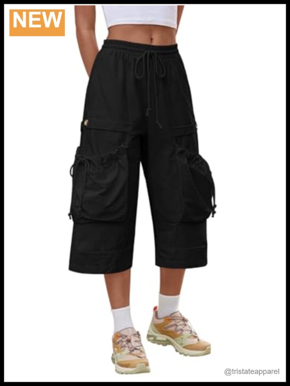 Womens Wide Leg Cargo Capris Drawstring Elastic Waist Baggy Cropped Pants with